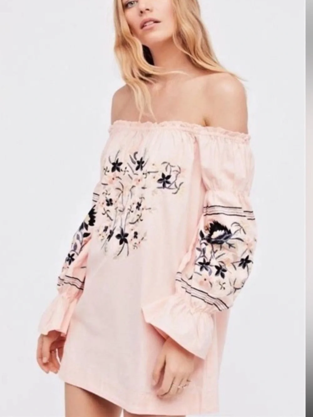 free people off the shoulder embroidered dress Free People Fleur Du Jour Mini Dress Pink S